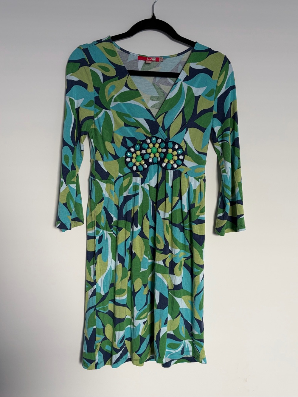 Vintage Y2K Boden Beaded Mini Dress Green Blue Mod Abstract Print 2000s US 4